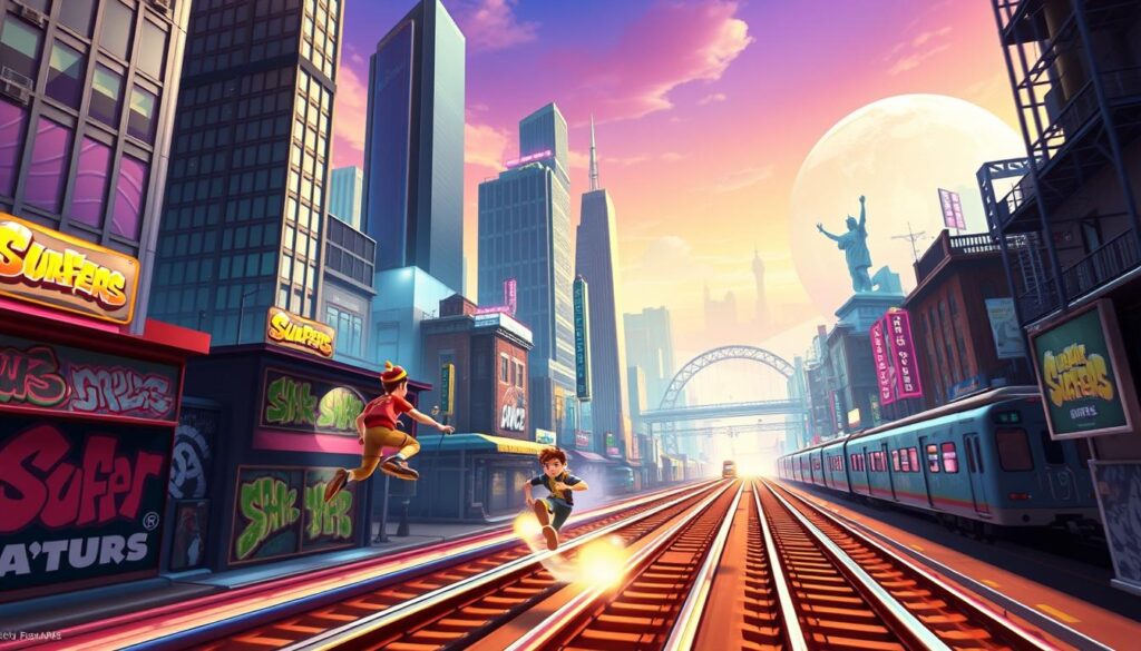A bustling cityscape in vibrant, neon-drenched hues, as Subway Surfers' iconic characters dash through the streets, leaping over tracks, dodging trains, and collecting power-ups. The foreground features the player character, in dynamic motion, with a sense of urgency and excitement. The middle ground showcases the diverse architectural elements of the city, from towering skyscrapers to graffiti-covered buildings, all infused with a distinct urban aesthetic. The background landscape transitions seamlessly, revealing a global panorama, hinting at the "World Tour" concept, with iconic landmarks and diverse cultural influences. Dramatic lighting, with sharp contrasts and reflections, heightens the sense of energy and movement, while a cinematic camera angle captures the thrill of the chase. An immersive, visually captivating representation of the Subway Surfers experience.