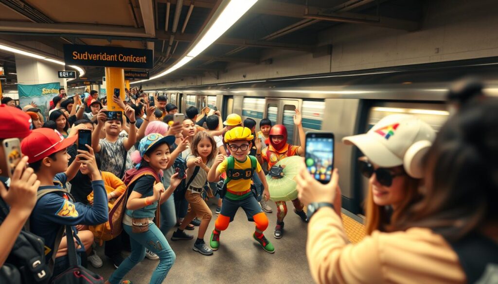 A bustling subway station, with a lively community of Subway Surfers enthusiasts gathered around. In the foreground, a group of players in vibrant costumes and accessories, engaged in a friendly competition, their movements captured in a dynamic, action-packed scene. The middle ground features a diverse crowd of spectators, cheering and taking photos with their smartphones, capturing the energy and excitement of the event. In the background, the subway trains rush by, adding a sense of urgency and urban grit to the atmosphere. The lighting is warm and inviting, with a soft, diffused glow that highlights the camaraderie and shared love of the game among the participants.